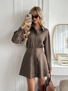 Easowa Women's Casual Commuter Striped Mini Dress Brown Striped Dress Long Sleeve Shirt Dress Striped Shirt Dress Coffee Brown Dress Brown Mini Dress Winter Dresses For Women Elegant Party Dresses   Brown Dress Formal Women's Clothes