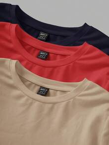 SHEIN EZwear 3 件套女士海军蓝、卡其色、红色圆领休闲修身长袖 T 恤套装，适合夏季 - 彩色 - 查看 5