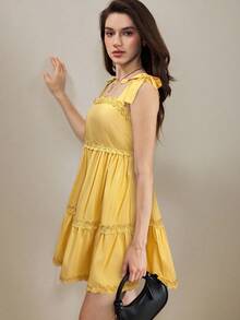 Muvela Women's Solid Color Layered Sleeveless Mini Dress, Summer Clothing Yellow Dress Women