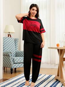 SHEIN 拼色字母印花大码睡衣套装 - 黑色 - 查看 6