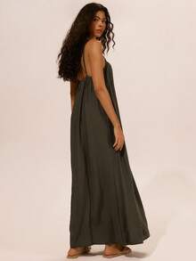 Musera Resort 亚麻吊带宽松直筒长裙 春夏伊比沙岛假日可爱浪漫节日度假沙滩装超凡海滩秋冬圣诞节 - 軍綠色 - 查看 3