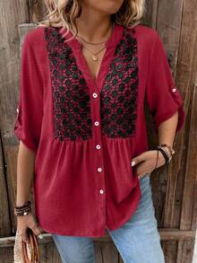 Weeklong Áo sơ mi cổ chữ V tay 3/4, cài nút, họa tiết ren cỡ lớn, thường ngày đi nghỉ - Nhiều màu - Xem 5