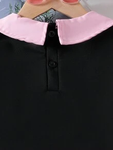 两件套女童休闲学院风连帽卫衣和百褶裙，黑色字母印花卫衣领口，粉色百褶裙，秋冬款 - 黑色 - 查看 6