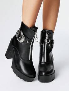 ROMWE Grunge Punk Giày nữ kiểu Gothic mũi tròn, gót dày, khóa kim loại, cao gót, giày punk da PU màu đen, phù hợp cho tiệc tùng, mặc hàng ngày và dự tiệc tối. - màu đen - Xem 1