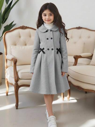 SHEIN Tween Girl' Grey Long Double-Breasted Bow Decor Overcoat,Holiday,Summer,Travel
