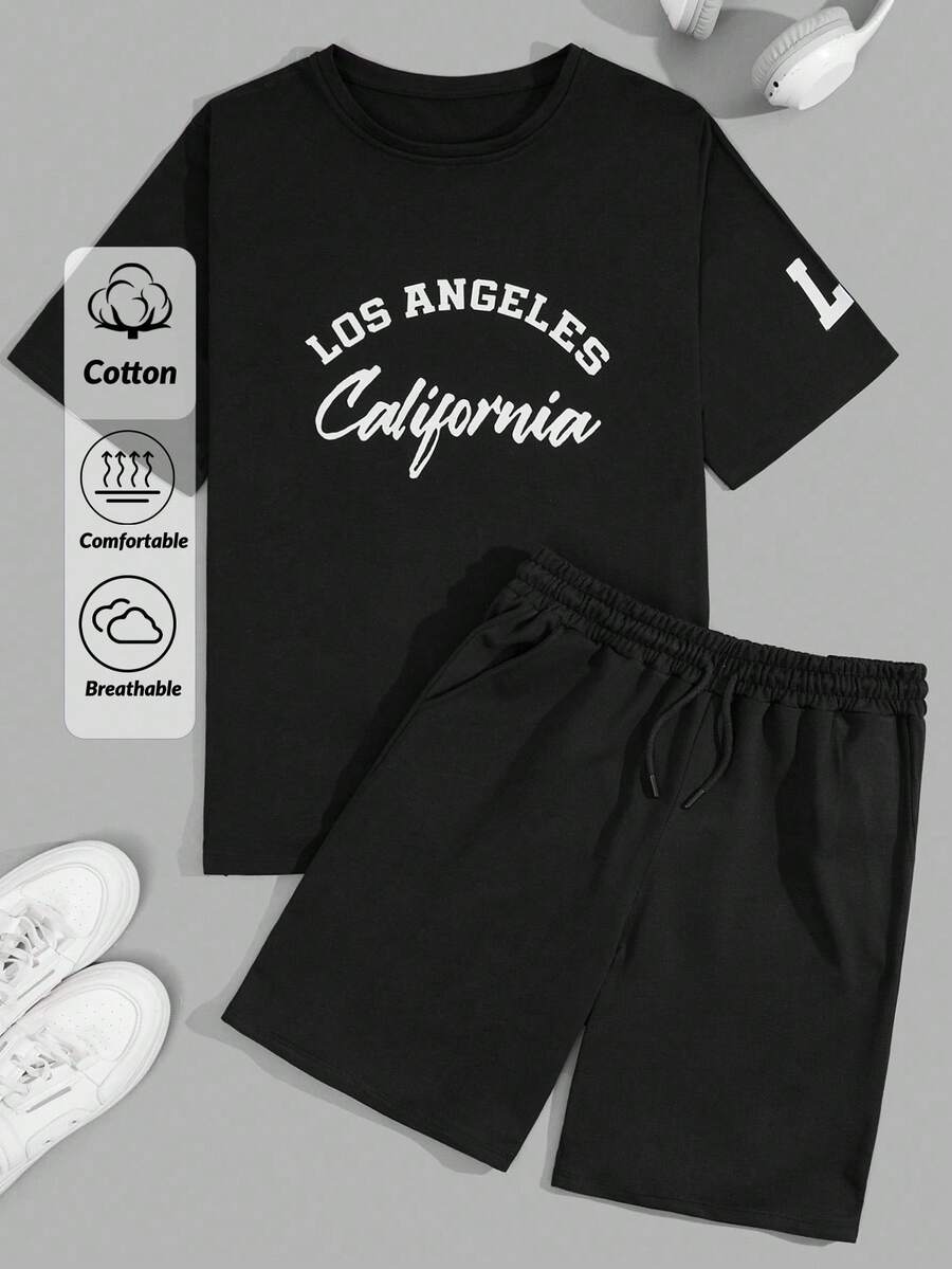 RueChic Men Cottonline Letter Printed Regular T-Shirt Set - Black - View 1