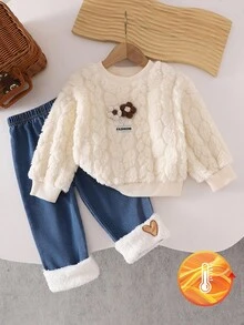 SHEIN Playful Pals 女婴碎花长袖上衣和心形毛绒牛仔裤套装，秋冬 - 白色 - 查看 1