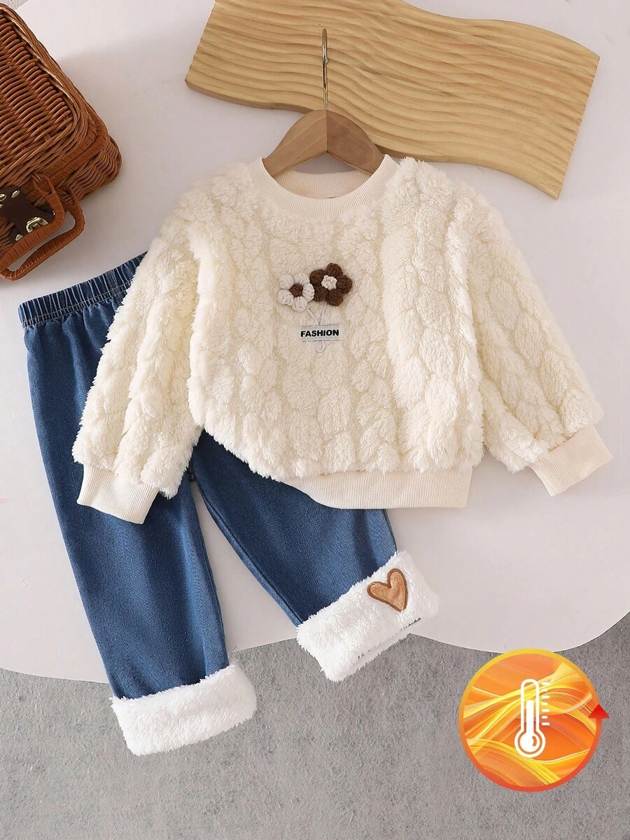 SHEIN Playful Pals 女婴碎花长袖上衣和心形毛绒牛仔裤套装，秋冬 - 白色 - 查看 1