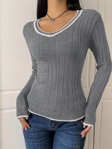 SHEIN EZwear Pull-over à manches longues minimaliste et décontracté avec couleurs contrastées pour femmes, adapté à l'automne/hiver