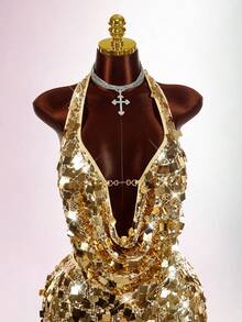 Amplova Conjunto de 2 peças plus size feminino, cor sólida, com decote drapeado e minissaia justa, sexy e moderno - Ouro - Ver 3