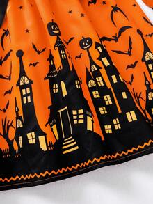 女士时尚万圣节秋冬荷叶边领长袖短款上衣搭配松紧腰万圣节主题骷髅、城堡、星星和月亮印花宽松下摆裙子，2 件套 - 黑色 - 查看 7