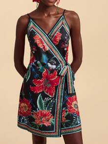 Travachic Women's Floral Print Side Tie Waist Cami Dress, Bohemia Style For Summer Vacation - Black - View 1
