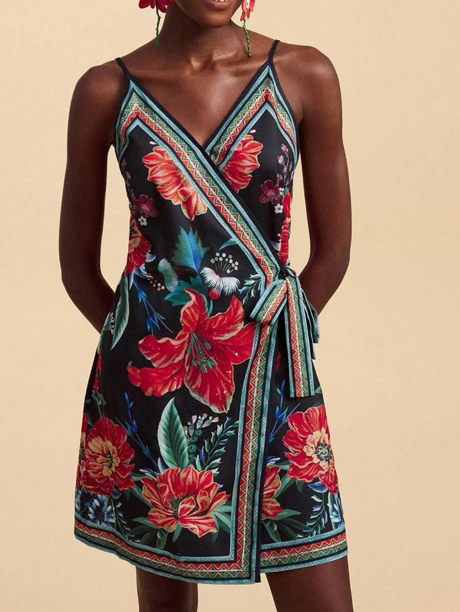 Travachic Women's Floral Print Side Tie Waist Cami Dress, Bohemia Style For Summer Vacation - Black - View 1