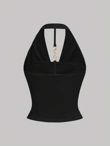 SHEIN Girlism 少女简约纯色垂坠领露背金属装饰吊带上衣 - 黑色 - 查看 2