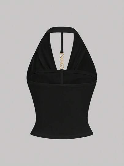 SHEIN Girlism 少女简约纯色垂坠领露背金属装饰吊带上衣