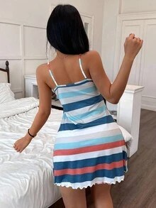 SHEIN ZzzCrew 女士休闲彩色条纹印花吊带睡袍 - 彩色 - 查看 2