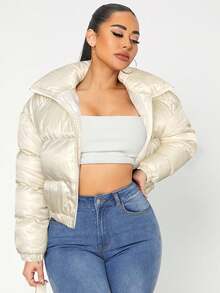 SHEIN SXY 性感拉链漏斗领冬季外套 - 米色 - 查看 6