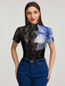 Modelyn Camiseta corta de manga corta con estampado floral casual para mujeres - Multicolor - Ver 3