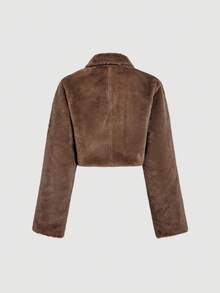 SHEIN MOD Minimalist Fashion Solid Color Faux Fur Short Stand Collar Jacket In Fall/Winter - Mocha Brown - View 2