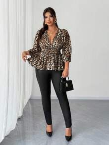 Elenzga 大码女式性感V领灯笼袖荷叶边上衣，度假风格，春秋季 - 棕色 - 查看 2