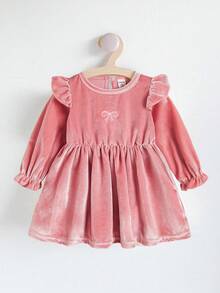 SHEIN 春秋季宝宝女童儿童时尚简约可爱甜美粉色天鹅绒柔软面料花蕾长袖圆领蝴蝶结图案纽扣上衣日常穿搭必备 - 紅木色 - 查看 9