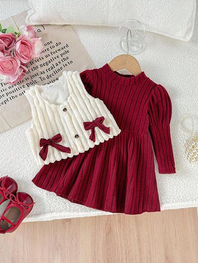 SHEIN 女宝宝秋冬时尚优雅高领泡泡袖收腰纯色毛绒纹理连衣裙短款圆领蓬松蝴蝶结装饰毛绒保暖背心秋冬套装日常装