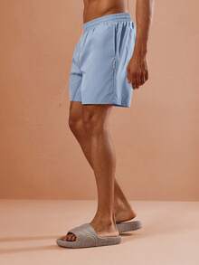 SUMWON 常规休闲夏季沙滩泳裤，松紧腰带，速干泳裤，中长款，适合度假、泳池、冲浪等场合，纯色沙滩裤，男士泳装 - 藍色 - 查看 3