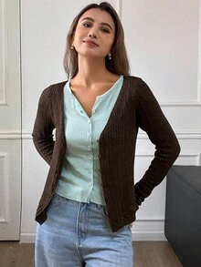 DAZY 女式撞色拼布二合一长袖圆领麻花针织休闲开衫，秋季 - 棕色 - 查看 5