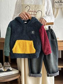 SHEIN Kids/Young Boys Casual Loose Plush Patchwork Sweatshirt Autumn Winter Clothes For Girl - Multicolor - View 3