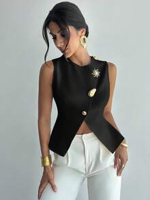 Firerie Women's Elegant Refined Romantic Commuter New Fashion Daily Metal Button Waist A-Line Hem Sleeveless White Blouse Top Black Tops