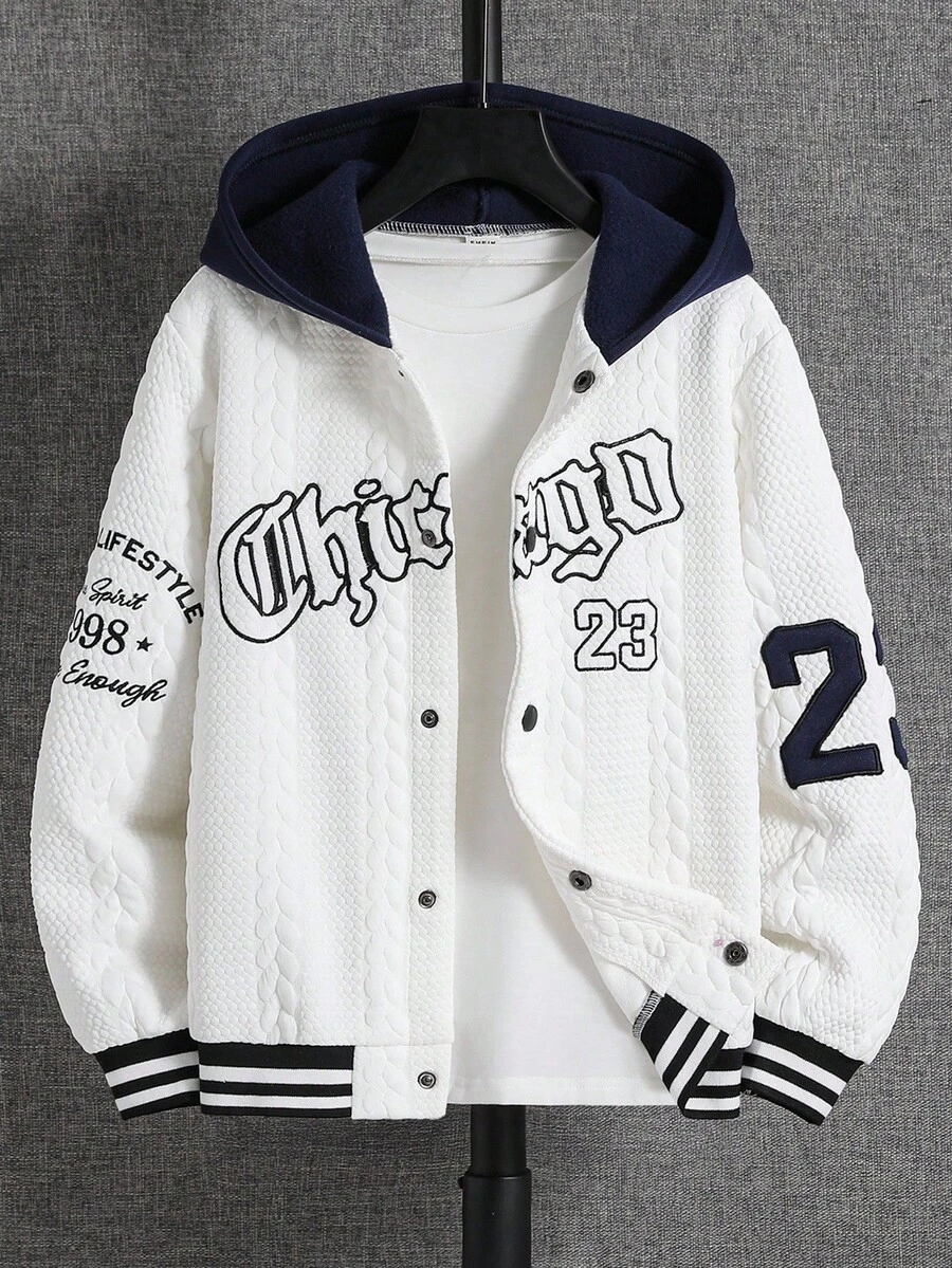 SHEIN 青少年男童休闲纹理面料，酷炫字母和数字刺绣图案拉链长袖厚针织夹克，适合学校、返校季、秋冬季 - 白色 - 查看 1