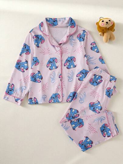 2 件套少女可爱卡通垂耳蓝兔印花长袖上衣和裤子舒适休闲睡衣套装