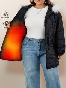 SHEIN CURVE+ Plus Size Women Front Zip Long Sleeve Pockets Fluffy Patchwork Casual Hooded, For Winter Quilted Jacket Winter Coat Outerwear Women Shackets For Women Oversized Jacket