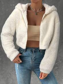 SHEIN EZwear 女式休闲杏色落肩拉链长袖连帽短款夹克，秋冬 - 杏色 - 查看 3