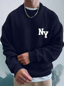 SHEIN Cottnline Cotton Men Letter Graphic Drop Shoulder Sweatshirt Without Tee - Navy Blue - View 6
