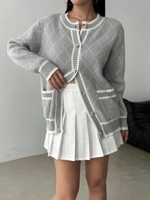 Lyxana Cárdigan casual de mujer con cuello redondo, botones delanteros, diseño de rombos y bolsillos, en colores contrastantes - Gris Claro - Ver 5