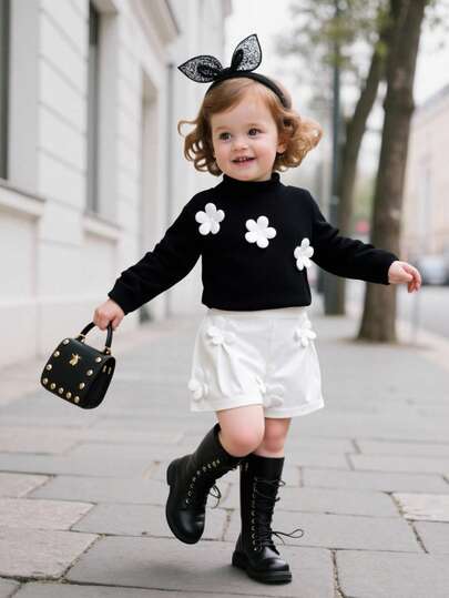 SHEIN 2 件套时尚女婴花卉装饰高领针织毛衣 + 阔腿短裤，春秋