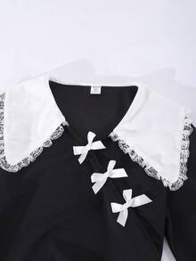 2pcs/Set Teenage Girls' Contrast Color Lace Collar Bow Cropped Top And Solid Color Mini Skirt Suit, Sweet & Retro Style - Black - View 8