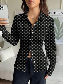 SHEIN EZwear Women's Casual Front Button Back Tie Waist Fitted Long Sleeve Shirt, Suitable For Fall And Winter, Polka Dot Print, Classic Retro Chic Blouses For Women
