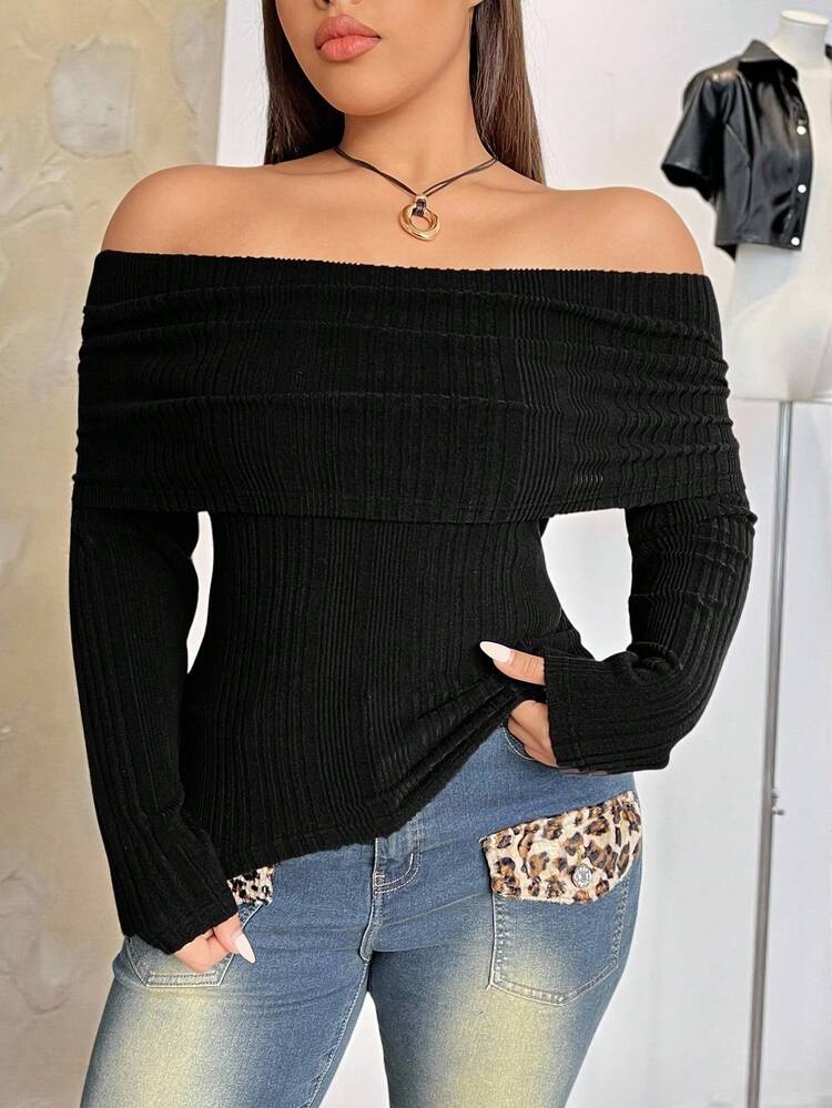 SHEIN EZwear Plus Size Women's Black Off-Shoulder Long Sleeve Ribbed Casual T-Shirt