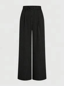 Lyrianda 2 件大码女式条纹翻领单排扣背心和宽松长裤休闲西装，高腰 - 黑與白 - 查看 5