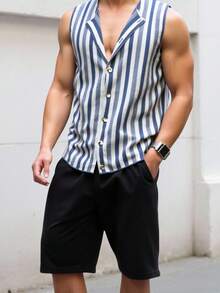 Claim Dot Contrast Stripe Sleeveless Knit Top For Men Summer , Striped Shirt - Blue and White - View 3