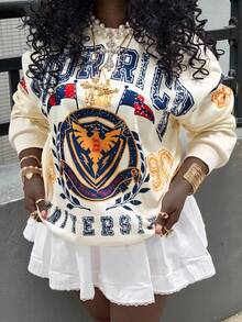 Rovax Áo nỉ tay dài rộng rãi, họa tiết in họa tiết tối giản, thoải mái, quần áo Y2K, quần áo mùa thu, quần áo mùa đông - Màu Khaki - Xem 4