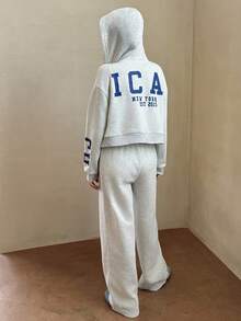 少女休闲街头风格字母印花连帽衫和运动裤套装，秋冬 - 灰色 - 查看 2