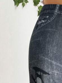 SHEIN Lady 2025 New Women's Elastic Waist Denim Effect Print Casual Leggings Chic Printing Pants For Women  Halloween Costumes  Christmas Going Out Outfit