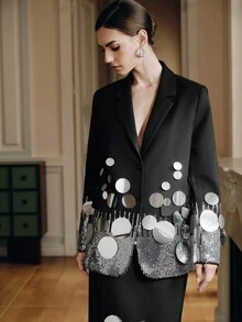 Anewsta Áo khoác Blazer đính cườm và sequin thủ công thanh lịch, phù hợp cho việc đi lại hàng ngày, mùa xuân/thu - màu đen - Xem 3