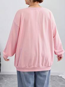SHEIN CURVE+ Áo nỉ cổ tròn rộng rãi họa tiết hoa tối giản giản dị cỡ lớn, mùa thu/đông Thu/Đông - Hồng - Xem 3