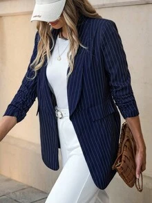 Solivie 秋冬女士条纹休闲时尚披肩领西装外套 - 藏蓝色 - 查看 6
