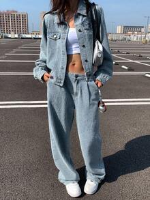 DAZY Women's Textured Fabric Collared Top And Casual Jeans Set, Autumn Y2k - Blue - View 6