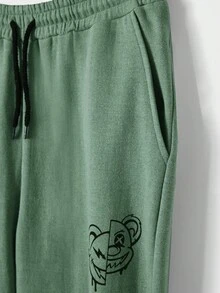 RueChic Cotton Men Bear Print Drawstring Hoodie & Sweatpants - Green - View 6